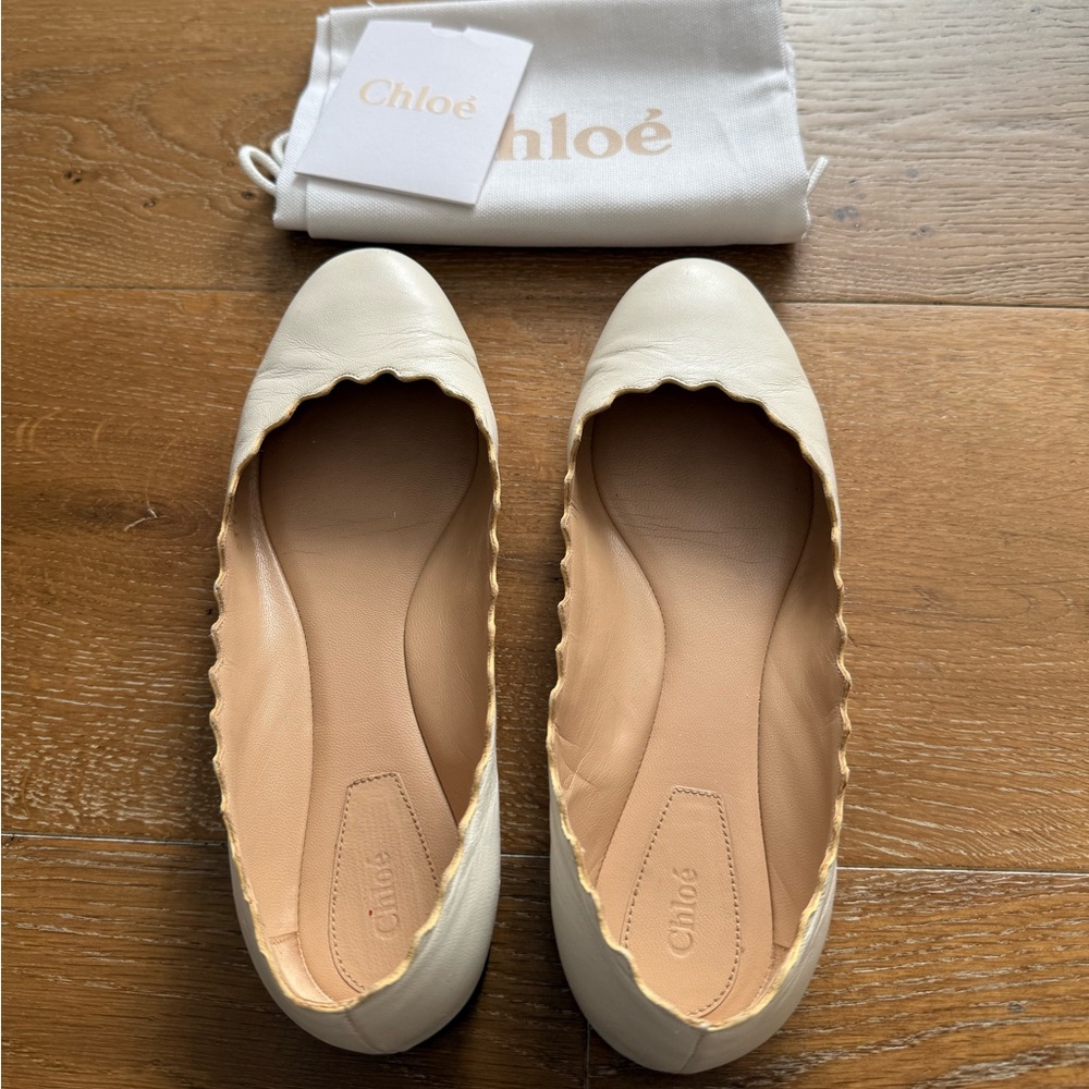 Chloe Leather Scalloped Ballet Flats - White Sz35.5